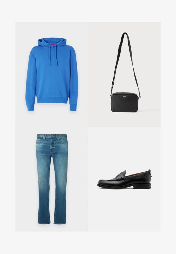 Blaues Hoodie aus Baumwollmischung mit Kapuze mit Kordelzug, gerippten Bündchen und Saum. Hat ein dezentes Logo auf der Vorderseite. Glatte Textur.; Blaue Jeans aus Denim mit geradem Schnitt, ausgestattet mit einem leichten Verwaschungseffekt, leichten Abnutzungen an den Knien und klassischem Fünf-Taschen-Design.; Schwarzer Leder-Herrenschuh mit Mokassinnaht, Penny-Riemen, strukturiertem Kragen und niedrigem gestapeltem Absatz auf weißem Hintergrund.; Schwarze rechteckige Umhängetasche mit verstellbarem Riemen und BOSS-Logo auf der Vorderseite, vor einem einfarbigen hellen Hintergrund.