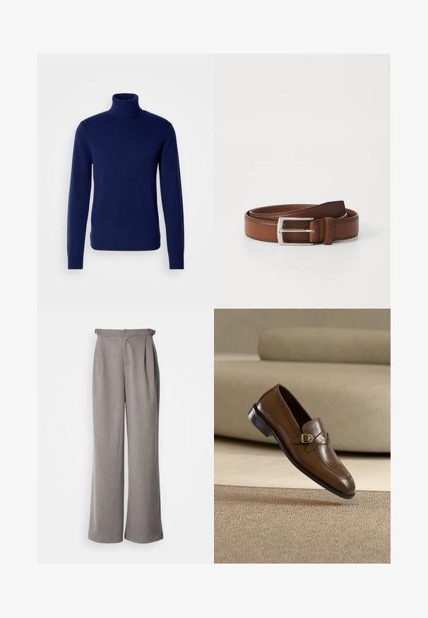 Mørkeblå turtleneck sweater lavet af blødt strikket materiale. Har en ribbet krave, manchetter og kant. Enkel, tætsiddende design uden synlige mønstre.; Lysegrå wide-leg bukser lavet af vævet stof. Funktioner folder ved taljen og bæltestropper. Glat tekstur og fuldlængde design.; Brun læderloafer med sølvspænde, placeret i luften over et beige tæppe og foran en beige sofa.; Brun læderbælte med en glat overflade, præget af en sølvfarvet metalspænde og diskret syning langs kanterne. Klassisk og holdbart design.