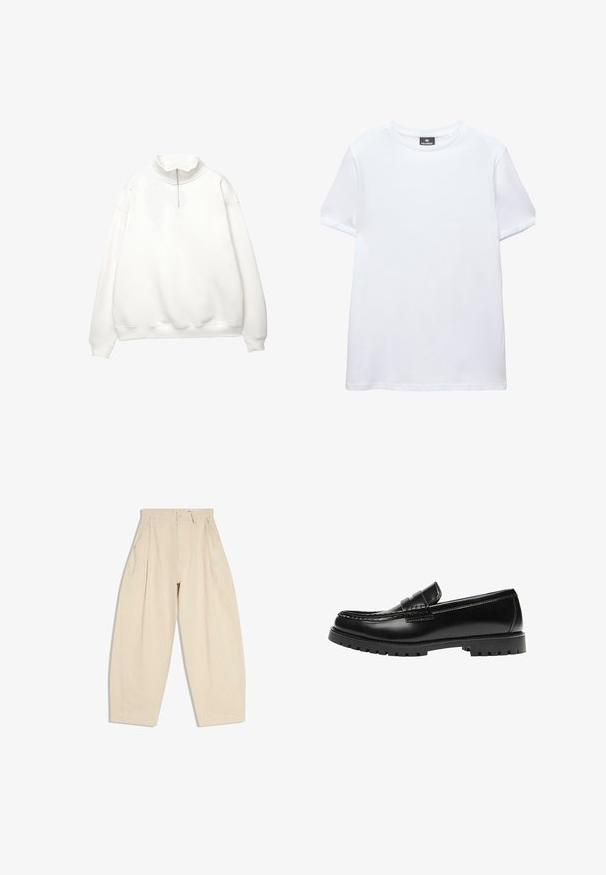 Hvid langærmet pullover med ribstrikkede manchetter og kant, med høj krave og forreste kvart-lynlås.; Simpel hvid t-shirt med korte ærmer og rund halsudskæring med en sort Pull&Bear mærkat indeni kraven, vist på en hvid baggrund.; Beige bukser med vidde i benene, højtaljede, med plisseringer, sidelommer, bæltestropper og knaplukning foran i linningen.; Sort læderloafer med en kraftig gummisål og klassiske penny-strap detaljer, vist fra ydersiden.