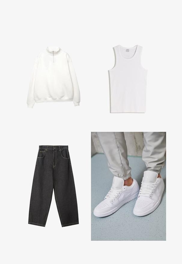 Hvid langærmet pullover med ribstrikkede manchetter og kant, med høj krave og forreste kvart-lynlås.; Hvid bomulds tanktop med rund halsudskæring og brede skulderstropper. Glat tekstur, uden mønstre eller detaljer, enkelt design.; Sorte denim brede bukser med gule sømme, fem-lomme-design og en mid-rise talje. Struktureret stof med en glat overflade.; Hvide lædersneakers har en perforeret tåboks, flade snørebånd, polstret krave og Jordan-logoet på tungen. Båret med grå joggers.