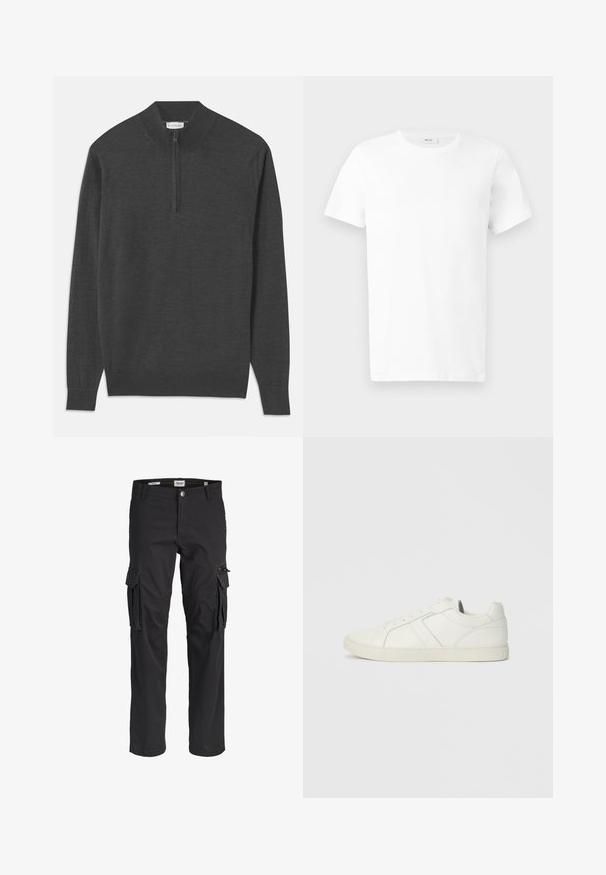 Mørkegrå pullover sweater med lynlås i halsen, lange ærmer, ribbestrikkede manchetter og kant, lavet af et blødt stof med en glat overflade.; Hvid kortærmet bomulds-T-shirt med rund hals, vist fladt på en lys grå baggrund.; Sorte cargobukser med knap- og lynlåslukning foran, bæltestropper, to sidelommer med klapper og lynlåse samt lige ben.; Lave hvide lædersneakers med snørebånd og flad gummisål, set fra indersiden på en ensfarvet baggrund.