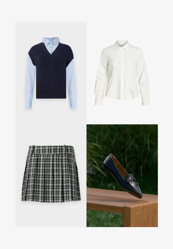 Chaleco de punto azul marino con escote en V sobre una camisa de botones azul claro. Presenta mangas cortas y una textura suave, con materiales en contraste.; Camisa blanca de botones hecha de algodón, con collar clásico, mangas largas y un sutil detalle de pliegues en la parte delantera. Textura suave.; Falda plisada de cuadros en blanco y negro con una cintura suave y múltiples pliegues verticales. Fabricada en un tejido ligero.; Mocasín de cuero negro con un detalle de lazo flotando sobre un banco de madera, con hierba verde y plantas en el fondo.