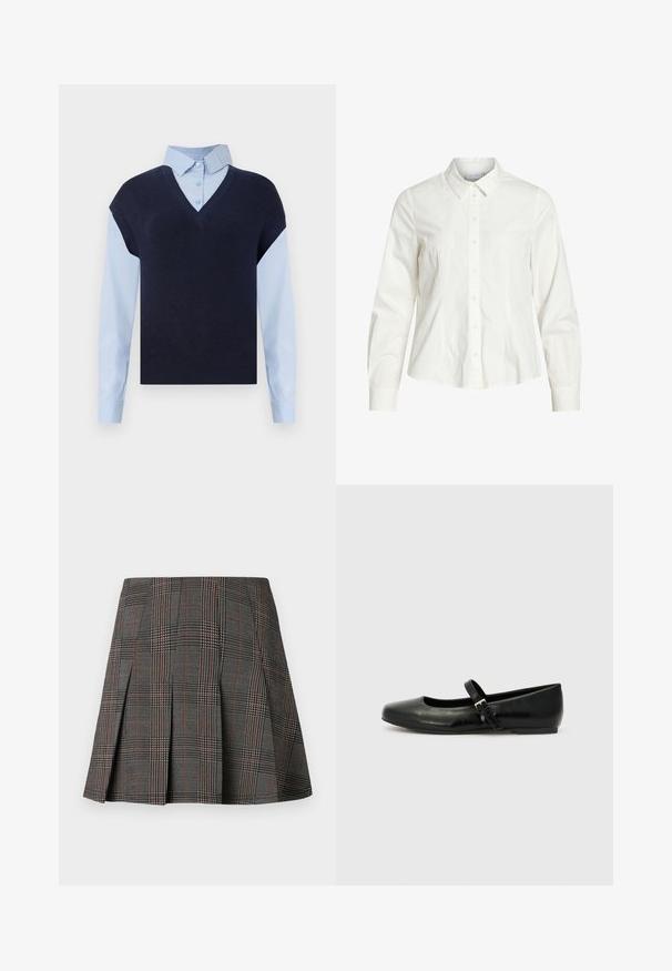 Chaleco de punto azul marino con escote en V sobre una camisa de botones azul claro. Presenta mangas cortas y una textura suave, con materiales en contraste.; Camisa blanca de botones hecha de algodón, con collar clásico, mangas largas y un sutil detalle de pliegues en la parte delantera. Textura suave.; Falda de cuadros gris con pliegues, con intrincados patrones en blanco y negro, acentuados por delgadas líneas rojas. Está hecha de una tela estructurada.; Bailarinas de cuero negro con punta redondeada, suela plana y una delgada correa ajustable en el empeine que cuenta con una hebilla de metal.