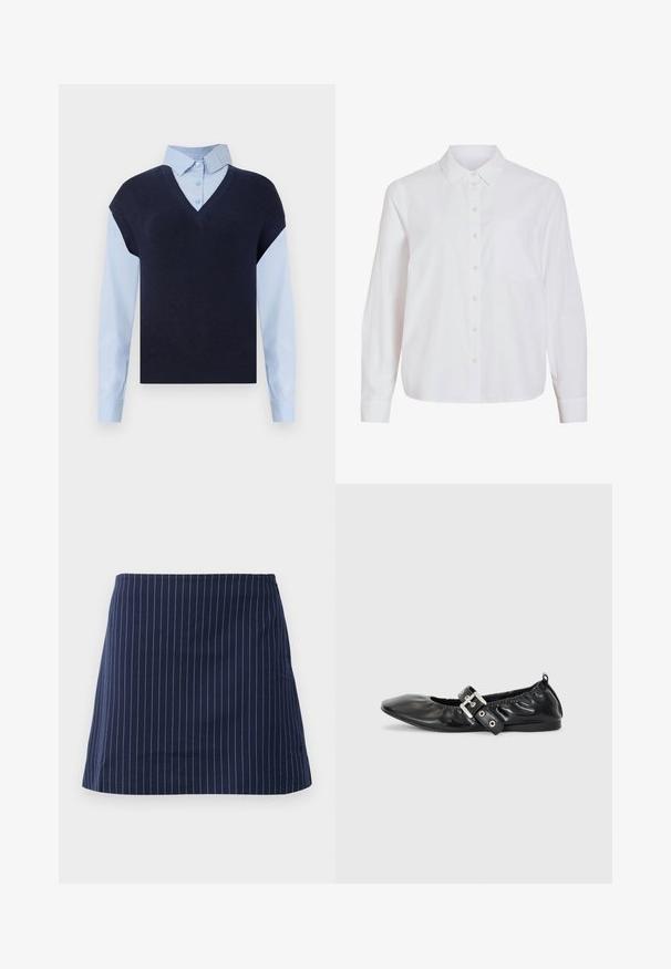 Chaleco de punto azul marino con escote en V sobre una camisa de botones azul claro. Presenta mangas cortas y una textura suave, con materiales en contraste.; Camisa blanca de manga larga, con cierre de botones en la parte delantera, cuello clásico, un bolsillo en el pecho, confeccionada con una tela lisa y ligera, con un ajuste relajado.; Falda azul marino con finas rayas verticales blancas y un corte recto, por encima de la rodilla, mostrada sobre un fondo blanco liso.; Zapato plano de piel negra con puntera afilada, detalle fruncido alrededor de la abertura y un acento de hebilla plateada en la correa ajustable.