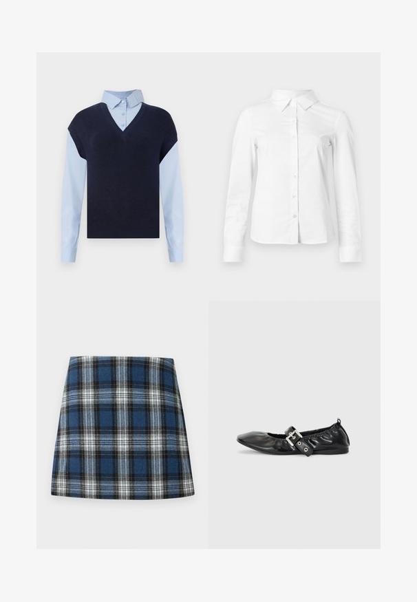Chaleco de punto azul marino con escote en V sobre una camisa de botones azul claro. Presenta mangas cortas y una textura suave, con materiales en contraste.; Camisa blanca de manga larga con botones, cuello puntiagudo, bajo recto y silueta ajustada, presentada sobre un fondo claro y liso.; Falda de cuadros azul con un patrón de cuadros variado en azul, negro y blanco. Confeccionada con una tela texturada y un silueta ajustada.; Zapato plano de piel negra con puntera afilada, detalle fruncido alrededor de la abertura y un acento de hebilla plateada en la correa ajustable.