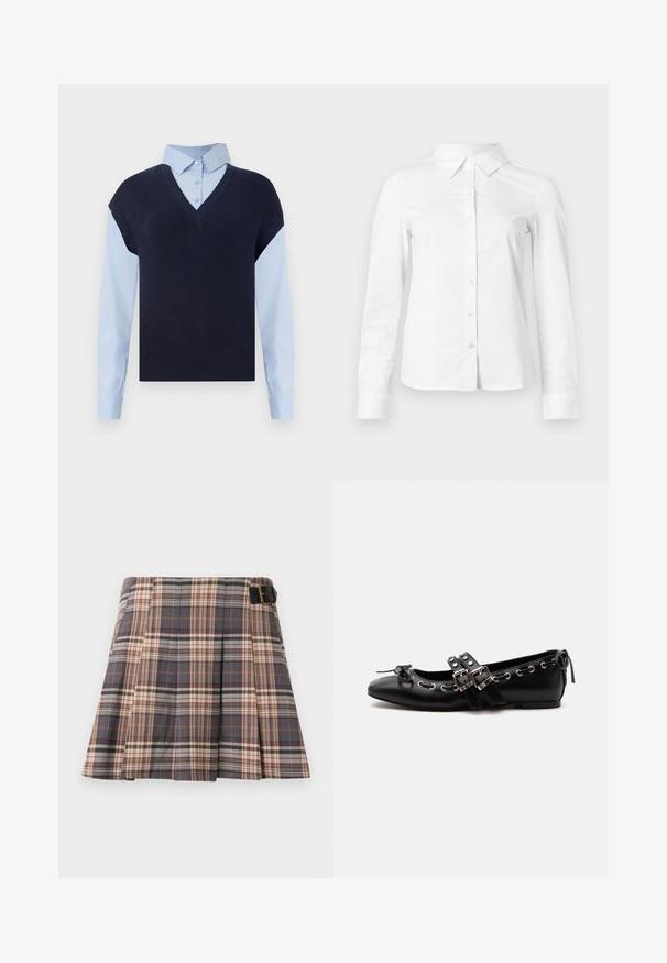 Chaleco de punto azul marino con escote en V sobre una camisa de botones azul claro. Presenta mangas cortas y una textura suave, con materiales en contraste.; Camisa blanca de manga larga con botones, cuello puntiagudo, bajo recto y silueta ajustada, presentada sobre un fondo claro y liso.; Falda de cuadros en colores gris, beige y óxido; cuenta con pliegues, un detalle de hebilla y un diseño estructurado. Confeccionada con una tela tejida.; Zapato de ballet plano negro con correas de doble hebilla, ojales plateados y un pequeño lazo cerca de la puntera redondeada sobre un fondo blanco.