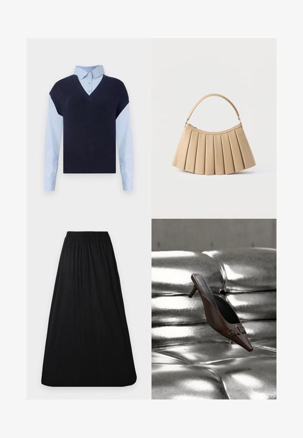 Gilet en tricot bleu marine à col en V sur une chemise boutonnée bleu clair. Il présente des manches courtes et une texture lisse, avec des matières contrastantes.; Longue jupe noire avec taille élastique et plis souples, en tissu léger.; Mule à talon brun à bout pointu avec détail boucle flottant au-dessus d'une surface en cuir argenté capitonnée brillante.; Sac à main plissé beige avec fermeture éclair incurvée en haut et poignée arquée simple, présenté sur un fond blanc.