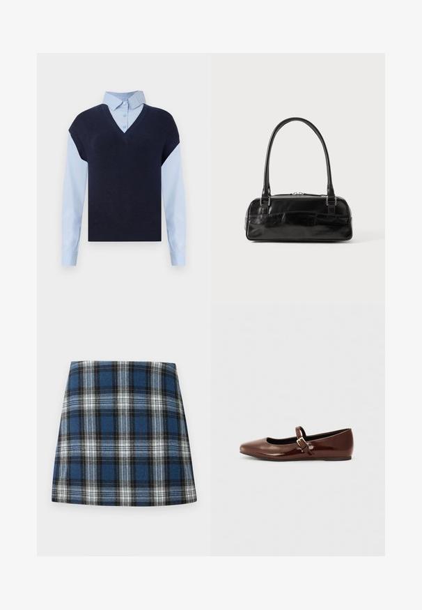 Gilet en tricot bleu marine à col en V sur une chemise boutonnée bleu clair. Il présente des manches courtes et une texture lisse, avec des matières contrastantes.; Jupe en tartan bleu présentant un motif à carreaux varié en bleu, noir et blanc. Fabriquée dans un tissu texturé avec une silhouette ajustée.; Ballerine en cuir verni marron avec un bout carré et une lanière ornée d'une petite boucle dorée. Texture lisse, talon bas et design minimaliste.; Sac à main en cuir noir de forme rectangulaire, doté d'une seule ansse structurée, de quincaillerie argentée et d'une fermeture éclair. Texture lisse.