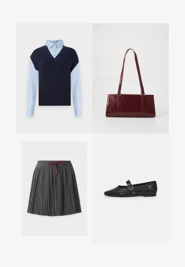 Marine blauwe gebreide vest met een V-hals over een lichtblauw overhemd met knopen. Heeft korte mouwen en een gladde textuur, contrasterende materialen.; Donkergrijze geplooide rok met een elastische tailleband en een gebonden bordeaux koord aan de voorkant in het midden.; Zwarte leren platte schoen met een ronde neus, een enkele verstelbare gespsluiting en een gladde, glanzende textuur. Minimalistisch ontwerp met een lage hak.; Bourgondische handtas van glanzend materiaal, rechthoekige vorm, met twee schouderbanden en subtiele gebogen accenten aan de voorkant.