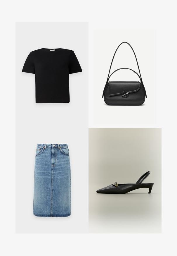 T-shirt noir à manches courtes en coton. Présente un col rond et une coupe décontractée. Design uni sans motifs ni accents.; Jupe en denim bleu clair. Présente une silhouette droite, cinq poches et une fermeture à boutons avec passants de ceinture. Accents de texture usée.; Escarpin slingback en cuir noir avec talon kitten, bout pointu et petite boucle dorée sur un fond uni.; Sac à main en cuir noir avec bords arrondis, rabat asymétrique, fermoir circulaire en métal, et des bandoulières courtes et longues.