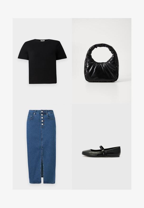 T-shirt noir à manches courtes en coton. Présente un col rond et une coupe décontractée. Design uni sans motifs ni accents.; Jupe midi en denim bleu avec fente à l'avant, fermeture par boutons et design à cinq poches.; Ballerines en cuir noir avec un bout arrondi, une semelle plate et une fine sangle ajustable sur le cou-de-pied avec une boucle en métal.; Sac à main noir rembourré avec une poignée arrondie, présentant une surface lisse et brillante ainsi qu'une texture douce et matelassée. Pas de quincaillerie ou d'accents visibles.