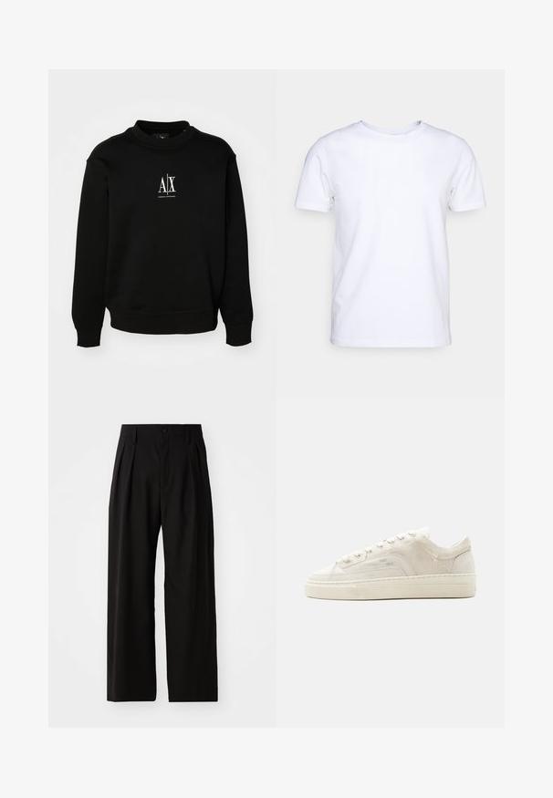 Schwarzer Pullover aus weichem Stoff, mit Rundhalsausschnitt, gerippte Bündchen und einem weißen Logo auf der Brust. Einfaches und unauffälliges Design.; Weißes T-Shirt mit kurzen Ärmeln aus Baumwollstoff und rundem Halsausschnitt. Schlichtes Design ohne Muster oder Akzente. Glatte Textur.; Schwarze weit geschnittene Hose mit glatter Textur, zwei vorderen Falten, einem Knopfverschluss und seitlichen Taschen. Strapazierfähiger Stoff.; Weißer Sneaker mit niedrigem Schaft, Schnürung, strukturiertem Stoffobermaterial und dicker Gummisohle, von der Außenseite auf einfachem Hintergrund gezeigt.