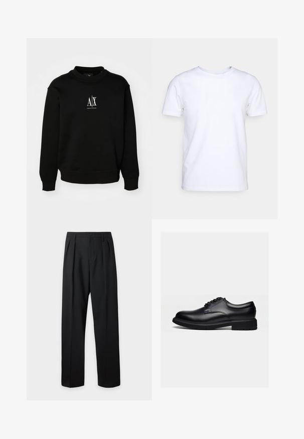 Schwarzer Pullover aus weichem Stoff, mit Rundhalsausschnitt, gerippte Bündchen und einem weißen Logo auf der Brust. Einfaches und unauffälliges Design.; Weißes T-Shirt mit kurzen Ärmeln aus Baumwollstoff und rundem Halsausschnitt. Schlichtes Design ohne Muster oder Akzente. Glatte Textur.; Schwarze hoch taillierte maßgeschneiderte Hose mit Gürtelschlaufen, vorderen Falten, Knopfverschluss und geraden, weiten Beinen auf hellem Hintergrund.; Schwarzer, polierter Lederschuh mit Schnürung und dicker Gummisohle, seitlich auf einem schlichten hellen Hintergrund gezeigt.