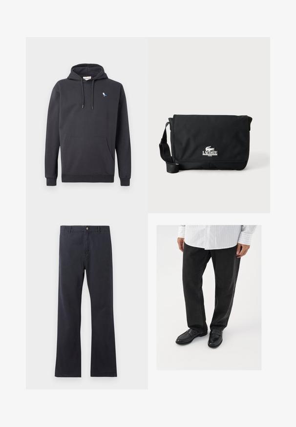 Sweatshirt à capuche gris foncé avec poche avant et petit logo d'oiseau blanc et bleu sur la poitrine gauche.; Chinos navy en mélange de coton, avec une coupe droite, une fermeture à glissière avec bouton et des passants de ceinture. Texture lisse avec un minimum de détails.; Pantalons en denim noir associés à des mocassins noirs brillants. La chemise est blanche avec de fines rayures verticales, avec des manches longues et un col boutonné.; Sac messager noir Lacoste avec rabat avant et bandoulière réglable, avec logo crocodile blanc et texte "Lacoste Paris".
