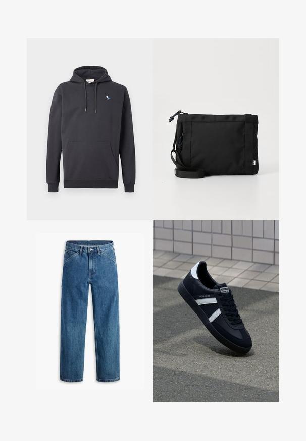 Sweatshirt à capuche gris foncé avec poche avant et petit logo d'oiseau blanc et bleu sur la poitrine gauche.; Jean en denim bleu à jambes droites avec poches avant, passants pour ceinture, bouton métallique et fermeture éclair sur fond blanc.; Sneaker en cuir noir avec des rayures blanches, semelle en caoutchouc texturée et devant à lacets. Présente une étiquette de marque sur la languette.; Sac à épaule en tissu noir avec un extérieur texturé, une sangle ajustable et une fermeture à cordon. Il présente des coutures audacieuses et une étiquette sur le côté.