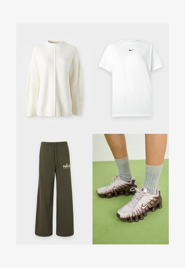 Pull en polaire blanc avec un col haut côtelé, des manches longues et une couture centrale. Comprend des poignets côtelés et un petit patch logo sur la manche.; T-shirt blanc à manches courtes avec col ras du cou, portant un petit logo Nike en forme de swoosh noir centré sous le col.; Pantalon de survêtement large couleur olive avec taille élastique et cordons de serrage, avec le logo blanc "Nike Athletic Club" sur la cuisse gauche.; Baskets Nike en rose clair et marron, présentant un dessus texturé, un design superposé et une semelle extérieure amortissante avec des unités d'air visibles.
