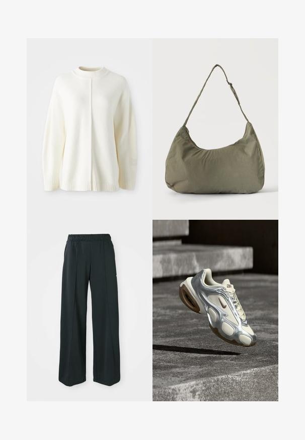 Pull en polaire blanc avec un col haut côtelé, des manches longues et une couture centrale. Comprend des poignets côtelés et un petit patch logo sur la manche.; Pantalons de sport noirs à jambes larges avec une taille élastique. Fabriqués en tissu lisse et extensible, avec des coutures avant discrètes et sans poches.; Baskets de sport crème et argent métallique flottant au-dessus de marches en béton, avec semelles en caoutchouc marron et logo Nike.; Sac à épaule en tissu doux vert olive avec fermeture éclair et bandoulière réglable sur un fond uni clair.