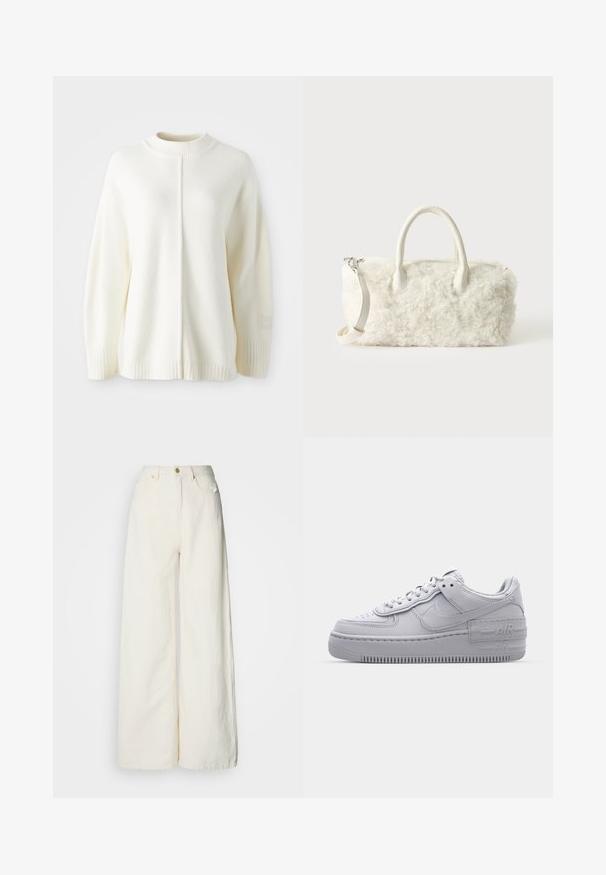 Pull en polaire blanc avec un col haut côtelé, des manches longues et une couture centrale. Comprend des poignets côtelés et un petit patch logo sur la manche.; Pantalon à jambes larges en tissu léger de couleur blanc cassé. Caractéristiques : taille haute, poches avant et fermeture par bouton.; Basket en cuir lisse gris Nike Air Force 1 avec un bout perforé, une semelle épaisse et un détail 'AIR' en relief sur le talon.; Petit sac à main blanc à texture de fourrure bouclée, doubles poignées et bandoulière amovible sur un fond clair uni.