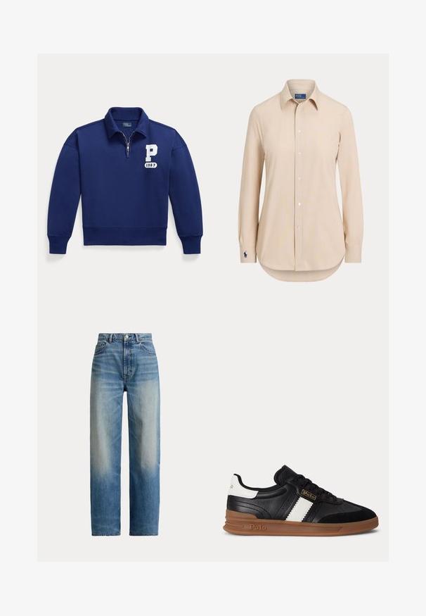 Sweat-shirt bleu marine avec fermeture éclair quart de zip et col, lettres blanches "P" et "1967" sur la poitrine gauche, poignets et ourlet côtelés.; Chemise beige à manches longues avec boutons, col pointu et logo brodé sur le poignet gauche.; Jean taille haute à jambes droites bleu avec devant délavé et design classique à cinq poches, fermeture par bouton et zip.; Baskets en cuir noir avec une bande blanche, semelle en caoutchouc marron et logo Polo sur le côté et le talon, vues de l'extérieur.