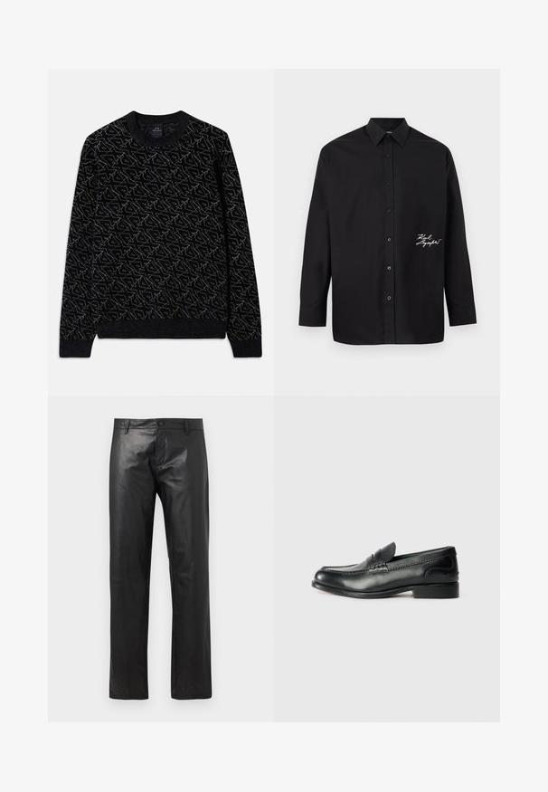 Sort sweater med et struktureret mønster i mørkegrøn. Har en rund halsudskæring, lange ærmer og ribbede manchetter og kant.; Sort knap-op skjorte med lange ærmer, spids krave og hvid kursiv signaturdetalje på nederste højre forside.; Sorte læderbukser med lige ben, foran med knap og bælteløkker, vist mod en ensfarvet hvid baggrund.; Sorte læder loafers med en glat overflade, syede detaljer over vamps og en let hævet hæl.