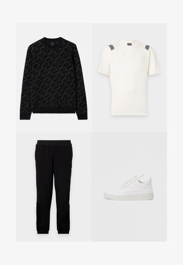Suéter negro con un patrón texturizado en verde oscuro. Presenta un cuello redondo, mangas largas y puños y dobladillo acanalados.; Camiseta blanca de algodón con mangas cortas, que presenta acentos de rayas negras en los hombros y un sutil logotipo de la marca en el centro.; Pantalones de chándal negros hechos de un material suave, con una banda elástica en la cintura, puños ajustados y bolsillos laterales para mayor comodidad.; Zapatilla blanca de cuero con punta redondeada, suela plana y cierre de cordones. Presenta detalles de costuras y un cuello acolchado para mayor comodidad.