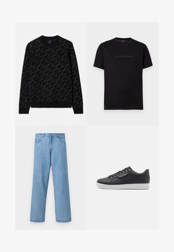 Sort sweater med et struktureret mønster i mørkegrøn. Har en rund halsudskæring, lange ærmer og ribbede manchetter og kant.; Sort T-shirt med korte ærmer og rund hals, med subtilt mørkt præget Emporio Armani-logo på brystet mod en hvid baggrund.; Lyseblå straight-leg denimjeans med forlommer, bæltestropper og knaplukning mod en ensfarvet baggrund.; Sorte lædersneakers med en glat overflade, hvid gummisål, rund tå, snøresystem med seks huller og mærkelabel på siden.