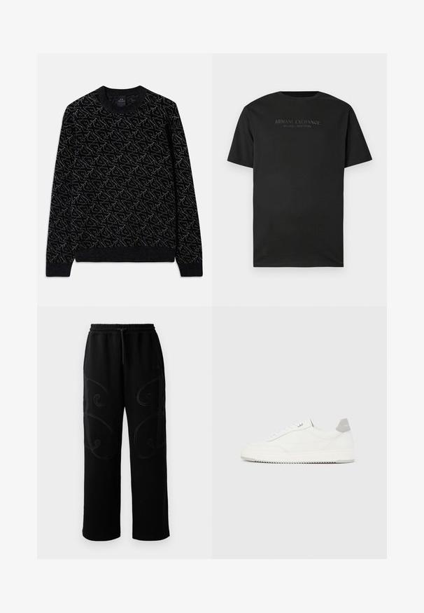 Sort sweater med et struktureret mønster i mørkegrøn. Har en rund halsudskæring, lange ærmer og ribbede manchetter og kant.; Sort kortærmet T-shirt med rund hals, med "ARMANI EXCHANGE MILANO / NEW YORK" trykt i små mørkegrå bogstaver på brystet.; Sorte joggingbukser med en afslappet pasform, der har intrikate spiralmønstre i syningerne langs siderne samt en elastisk talje med snoretræk.; Hvid lavtop-sneaker med gråt hælflig, hvide snørebånd og tekstureret sål, vist på en ensfarvet lys baggrund.