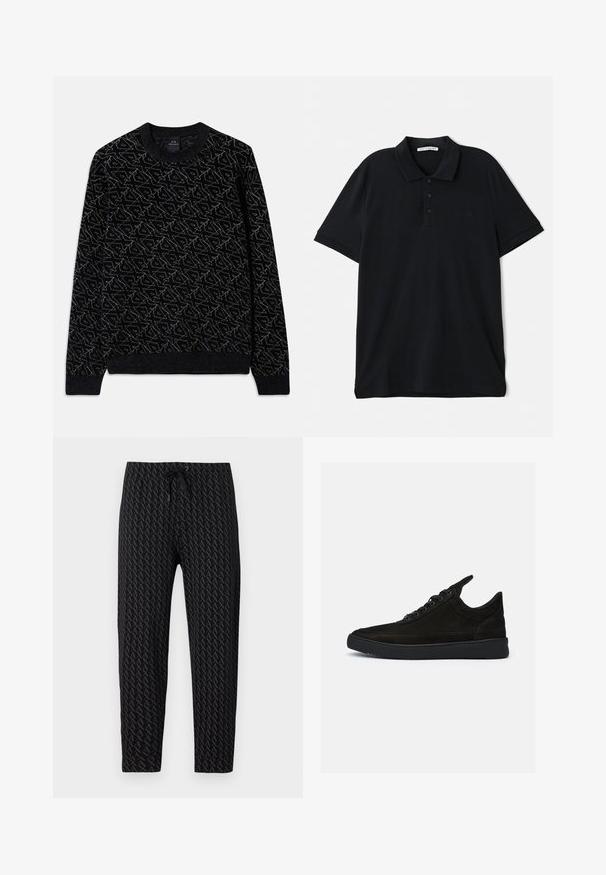 Sort sweater med et struktureret mønster i mørkegrøn. Har en rund halsudskæring, lange ærmer og ribbede manchetter og kant.; Sort polo shirt lavet af bomuld, med en klassisk krave, tre-knaps lukning, korte ærmer og en diskret logo detaljer på forsiden.; Armani Exchange AX LOGO SWEAT PANTS - Træningsbukser - black; Sorte ruskind sneakers med lav profil, rund tå og struktureret gummisål. Har fem snøringer og en bageste pull tab.
