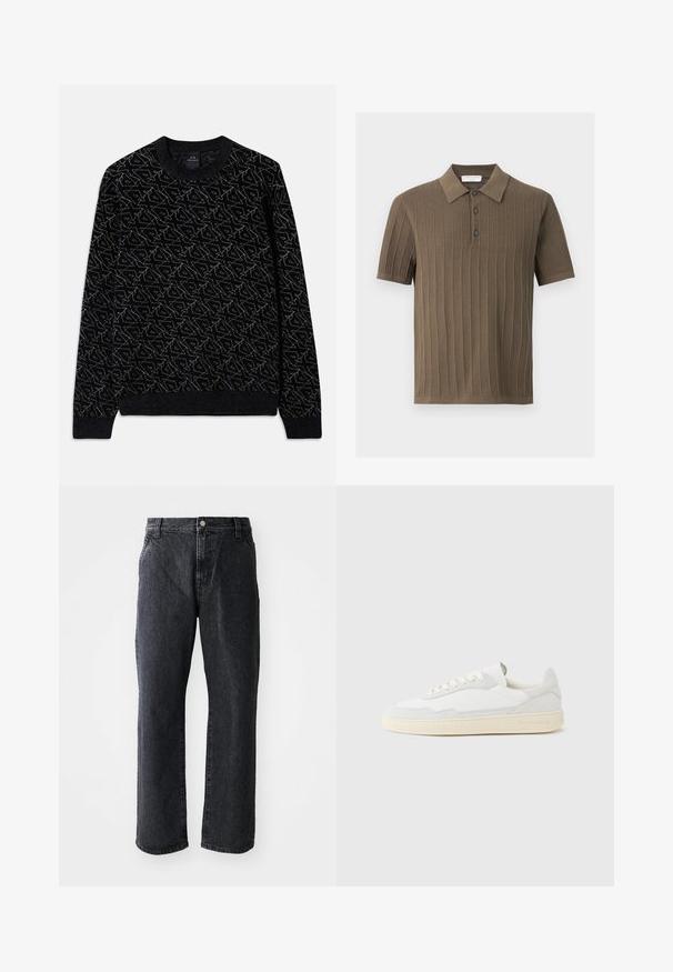 Sort sweater med et struktureret mønster i mørkegrøn. Har en rund halsudskæring, lange ærmer og ribbede manchetter og kant.; Kortærmet strikket polo i olivengrøn med lodret ribstruktur og tre-knaps stolpelukning.; Sorte denim jeans med lige snit, med knaplukning, fem lommer og subtil tekstur. Klassisk design uden fremtrædende mønstre.; Hvid sneakers med en øvre del i tekstureret ruskind og læder. Har rundet tå, snørelukning og kontrasterende beige gummisål.