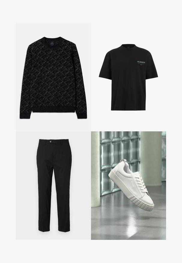 Suéter negro con un patrón texturizado en verde oscuro. Presenta un cuello redondo, mangas largas y puños y dobladillo acanalados.; Camiseta de algodón negra con cuello redondo y mangas cortas. Presenta un pequeño logo de "ALLSAINTS" en azul claro en el lado izquierdo del pecho.; Pantalones negros de tela suave, con cierre de botón, trabillas para cinturón y dos bolsillos laterales. Diseño de pierna recta con un detalle mínimo.; Zapatilla blanca de corte bajo con suela texturizada y cordones, suspendida frente a una pared de bloques de vidrio y columnas de color claro sobre un suelo pulido.
