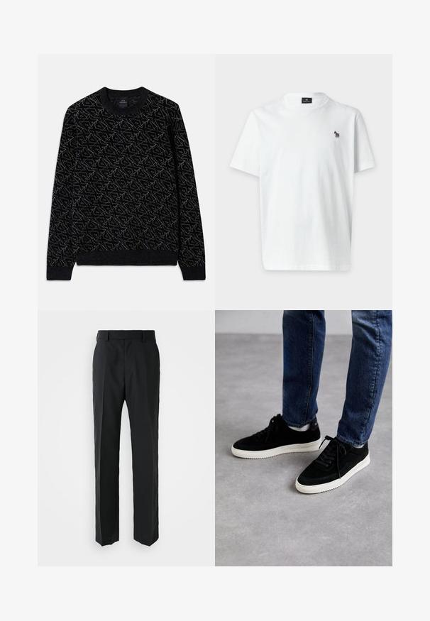 Suéter negro con un patrón texturizado en verde oscuro. Presenta un cuello redondo, mangas largas y puños y dobladillo acanalados.; Camiseta blanca lisa de manga corta con un pequeño logo de cebra multicolor en el pecho izquierdo y un escote redondo.; Pantalones negros con un diseño de pierna recta, hechos de una tela lisa. Presentan una cinturilla plana y sin patrones o adornos visibles.; Zapatillas de ante negras con suela de goma blanca, que presentan un diseño clásico de corte bajo, puntera redondeada y cordones planos negros.
