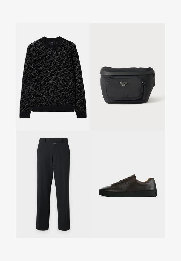 Suéter negro con un patrón texturizado en verde oscuro. Presenta un cuello redondo, mangas largas y puños y dobladillo acanalados.; Pantalones negros de corte recto, fabricados en una tela suave. Presentan un cierre frontal con botón y detalles de costura sutiles. Diseño liso sin patrones.; Zapatilla de perfil bajo de cuero marrón oscuro con suela de goma negra, cierre de cordones y diseño liso y minimalista sobre un fondo claro.; Riñonera negra con bolsillo frontal con cremallera y logo de águila plateado, tela lisa con ribete texturizado y tiradores de cremallera.