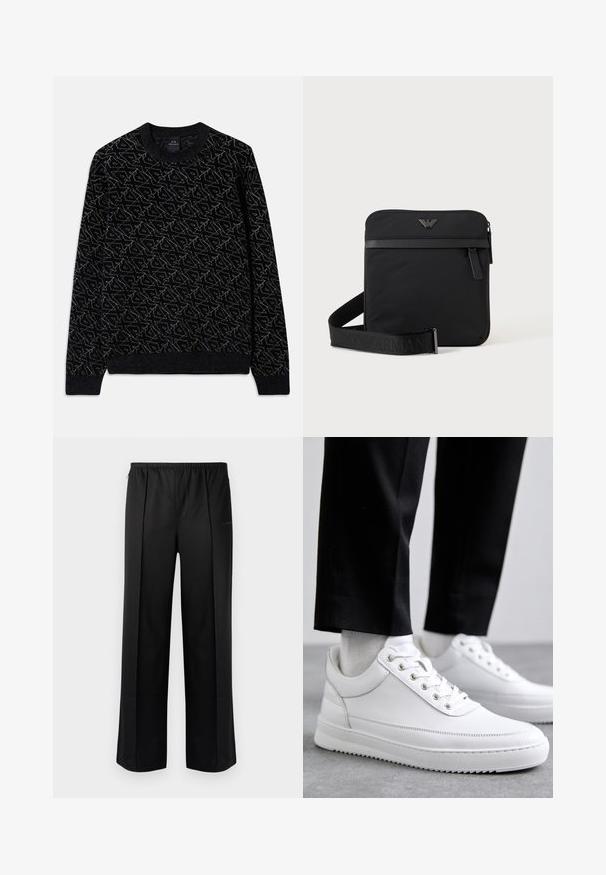 Zwarte trui met een gestructureerd patroon in donkergroen. Beschikt over een ronde hals, lange mouwen en ribgebreide manchetten en zoom.; Les Benjamins Broek - black; Witte leren sneakers met een platte rubberen zool, met een soepele afwerking, ronde neus en metalen oogjes voor de veters. Draag ze met een zwarte broek.; Zwarte vierkante schoudertas met ritssluiting, voorvak en verstelbare band met geperste merknaam.