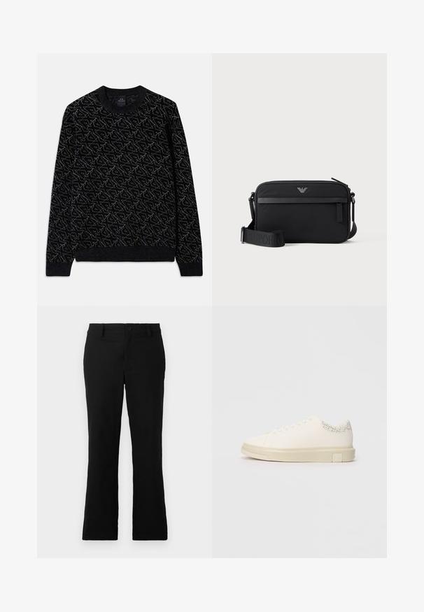 Suéter negro con un patrón texturizado en verde oscuro. Presenta un cuello redondo, mangas largas y puños y dobladillo acanalados.; Pantalones de campana negros hechos de una mezcla de algodón, con cierre de botón, trabillas para el cinturón y una textura suave sin patrones visibles.; Zapatilla blanca con una parte superior de lona suave, cordones planos, collar acolchado y un acento gris texturizado en la parte trasera. Suela de goma gruesa.; Bolso bandolera rectangular negro con bolsillo frontal con cremallera, correa ajustable y pequeño logo metálico en el centro superior.