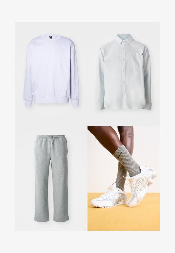 Heleda lilla dressipluus, puuvillasegu, ümmargune kaelus, soonikkoes varrukad ja alläär, esiosas vasakul ülal on väike valge logo. Sile tekstuur.; New Balance OXFORD - Pluus - blue; Hallide hallast puuvillased dressipüksid elastse vöökohtadega, nööriga sulgemise ja sirgete jalgadega. Ülemises vasakus nurgas on väike logo.; Nike tenisijad valgetes toonides, hõbedaste aktsentidega, tekstureeritud paneelide ja perforatsioonidega. Koos hallide ribadega sokkidega, kollasel taustal.