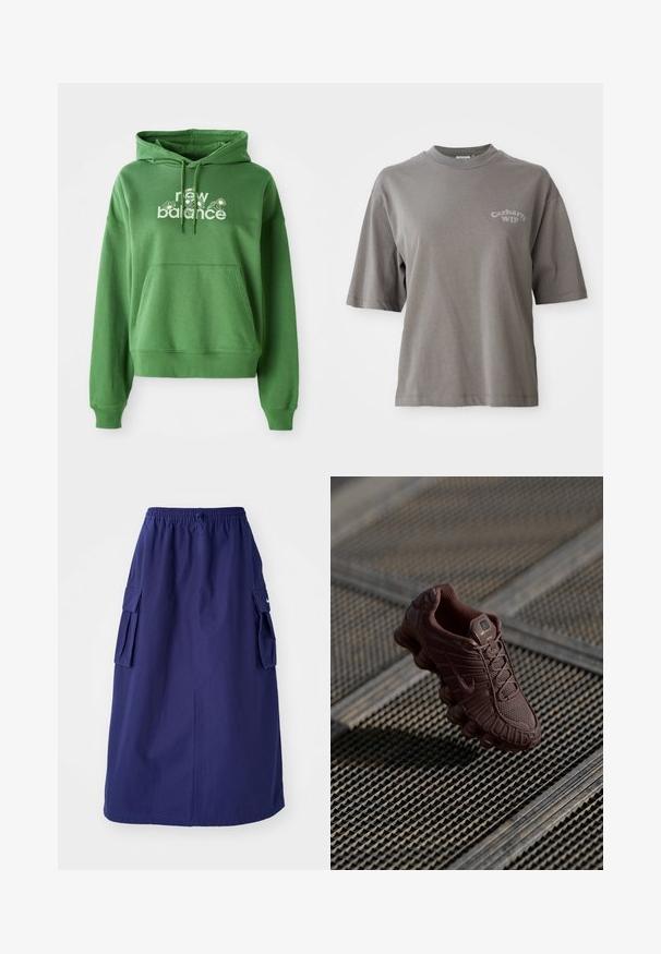 Roheline kapuutsiga dress, millel on känguru tasku ja valge "new balance" logo lillemotiividega ees.; Hall hallva T-särk lühikeste varrukatega, ümmarguse kaelusega, mille esiküljel on trükitud väike Carhartt WIP logo. Sile tekstuur, mugav lõige.; Tumedat sinine, keskpikk seelik elastse vöökohtaga, millel on kaks külgmist cargo-taskut ja minimaalne logo detail. Sile kangastekstuud.; Pruun Nike'i tennis, millel on tekstureeritud võrgusilmast ülemine osa, iseloomulik kumer talla ja pehmendatud krae, esitatud mustrilisel taustal.