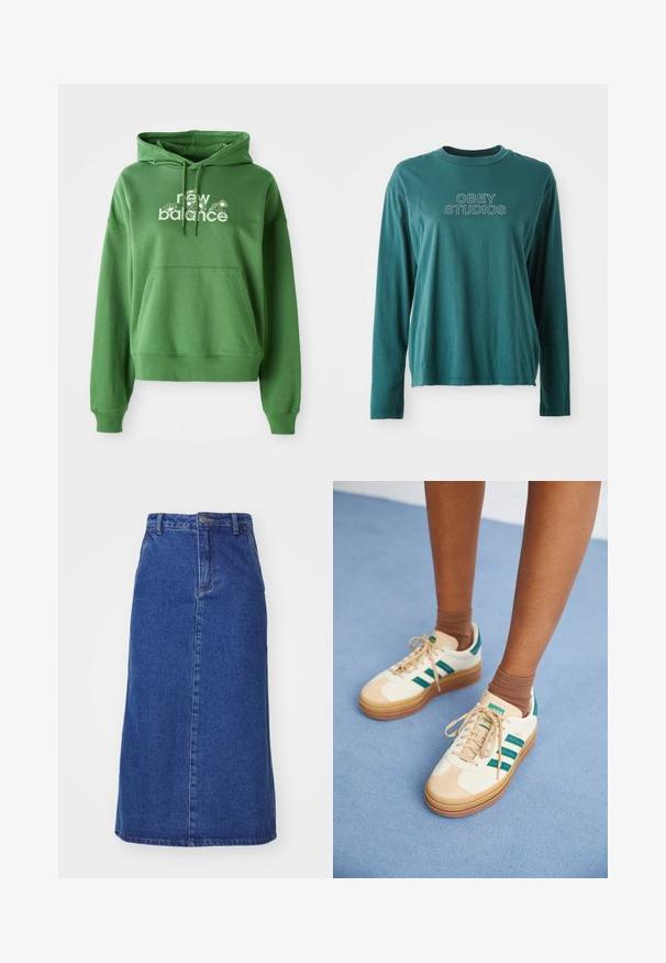 Roheline kapuutsiga dress, millel on känguru tasku ja valge "new balance" logo lillemotiividega ees.; Türkise pika varrukatega särk, mis on valmistatud pehmest puuvillast. Omab ümmargust kaelust ja valget "OBEY STUDIOS" graafikat ees. Lihtne disain.; Tumehall denim seelik, millel on kitsas vöökoht, sirge siluett ja esiseemed, mille äär ulatub põlve alt.; Beezid kingad tumeroheliste triipudega, kummitald, samet- ja tekstiilülemine ning neutraalne riistvara, koos pruunide sokkidega helesinisel pinnal.