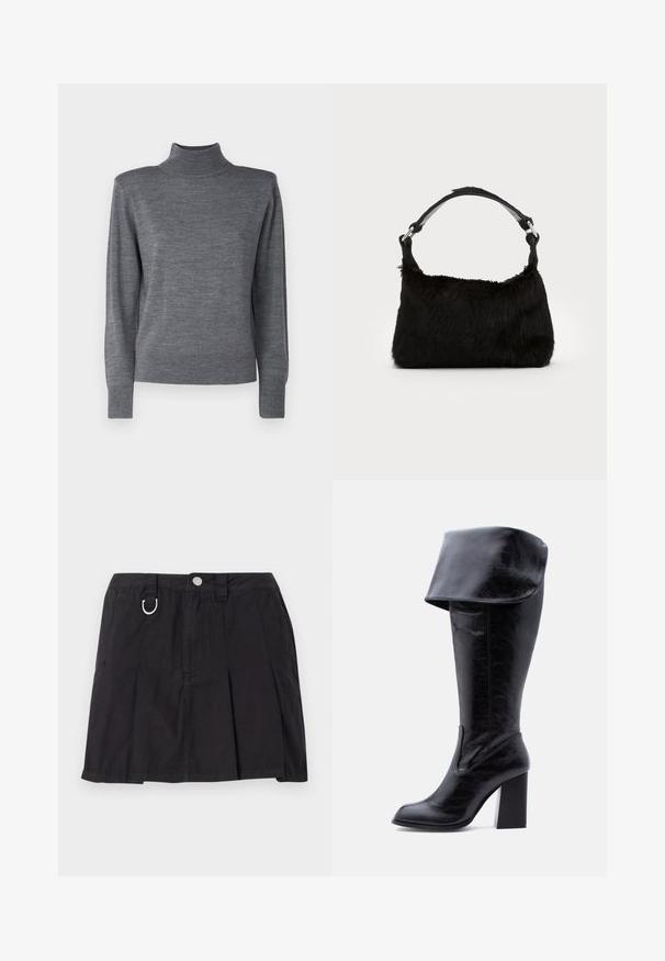 Pull en maille gris à col roulé, doté de manches longues, d'une silhouette ajustée et de poignets et d'un col côtelés.; Jupe plissée noire en coton, avec une fermeture à boutons sur le devant, des passants de ceinture et un accent en D-ring sur la taille.; Botte haute en cuir noir avec talon, bord plié et bout arrondi, debout sur un fond blanc.; Sac à main en fausse fourrure noire avec une texture douce, une forme arrondie et une bandoulière en cuir noir robuste. Accent en métal argenté visible.