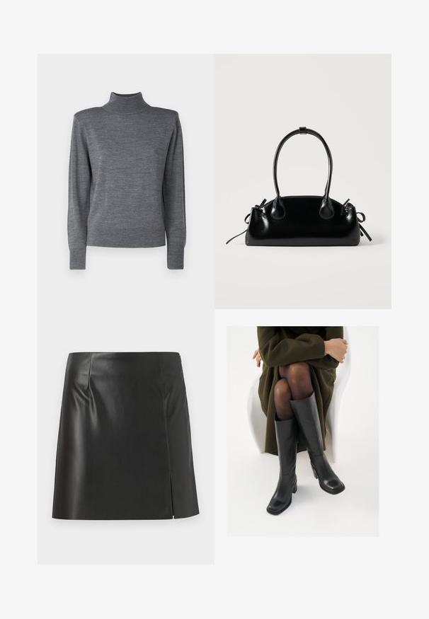 Pull en maille gris à col roulé, doté de manches longues, d'une silhouette ajustée et de poignets et d'un col côtelés.; Mini-jupe en cuir noir avec une coupe droite, texture lisse, fermeture éclair sur le côté et une fente sur un côté.; Bottes en cuir noires arrivant au genou, avec un bout carré et un talon carré, présentées sur un modèle assis dans un manteau vert olive. Texture lisse, détails minimaux.; Petit sac à main noir brillant avec deux longues anses et des détails à cordon sur les côtés sur un fond clair uni.