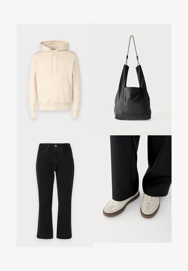 Cremefarbene Kapuzenjacke mit Kordeln, Fronttasche und geprägtem "ORIGINALS"-Text. Weicher Stoff mit lockerer Passform. Gerippte Bündchen und Saum.; Schwarze Jeans aus Denim mit geradem Bein, Fünf-Taschen-Design und metallischen Elementen mit Kupferakzenten. Glatte Textur und mittelhoher Bund.; Füße mit beigen Sneakers mit braunen Sohlen und schwarzen Hosen mit weitem Bein auf weißem Hintergrund.; Schwarze weiche Stofftragetasche mit breiten Griffen und einem dünnen schwarz-weißen geflochtenen Schulterriemen.