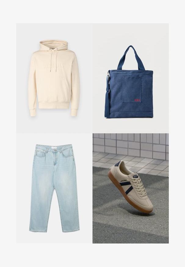Crème kleurige hoodie met trekkoorden, voorzak en geemboste tekst "ORIGINALS". Zachte stof met een losse pasvorm. Ribgebreide boorden en zoom.; Lichtblauwe denim jeans met een relaxte fit, vijf zakken, een knoopsluiting en subtiele vervaging. De textuur is glad en licht versleten.; Beige sneaker met een textuurafwerking, marineblauwe strepen en een rubberen zool. Heeft een gevoerde tong en een traditioneel vetersysteem voor een veilige pasvorm.; Blauwe canvas tas met voorvak en rode "O.N.S" borduring, voorzien van dubbele handvatten en een verstelbare schouderriem.