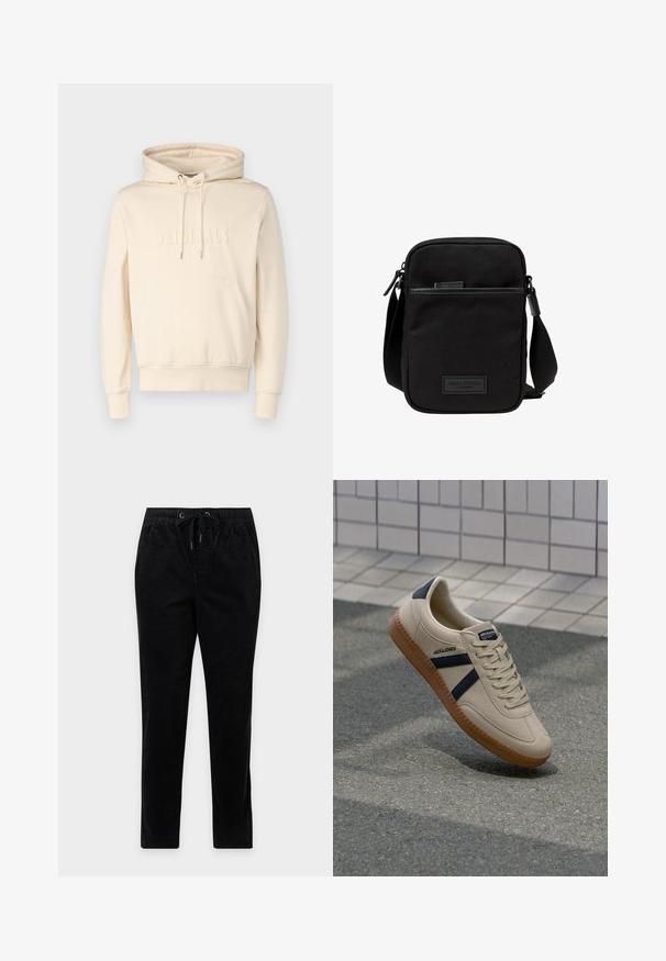 Crème kleurige hoodie met trekkoorden, voorzak en geemboste tekst "ORIGINALS". Zachte stof met een losse pasvorm. Ribgebreide boorden en zoom.; Zwarte corduroy broek met rechte pijpen, elastische tailleband, trekkoord en zijzakken, getoond tegen een effen achtergrond.; Beige sneaker met een textuurafwerking, marineblauwe strepen en een rubberen zool. Heeft een gevoerde tong en een traditioneel vetersysteem voor een veilige pasvorm.; Zwarte stoffen crossbody tas met een ritssluiting hoofdcompartiment, leren accenten, een voorkantvak en een verstelbare band. Marc O'Polo logo zichtbaar.
