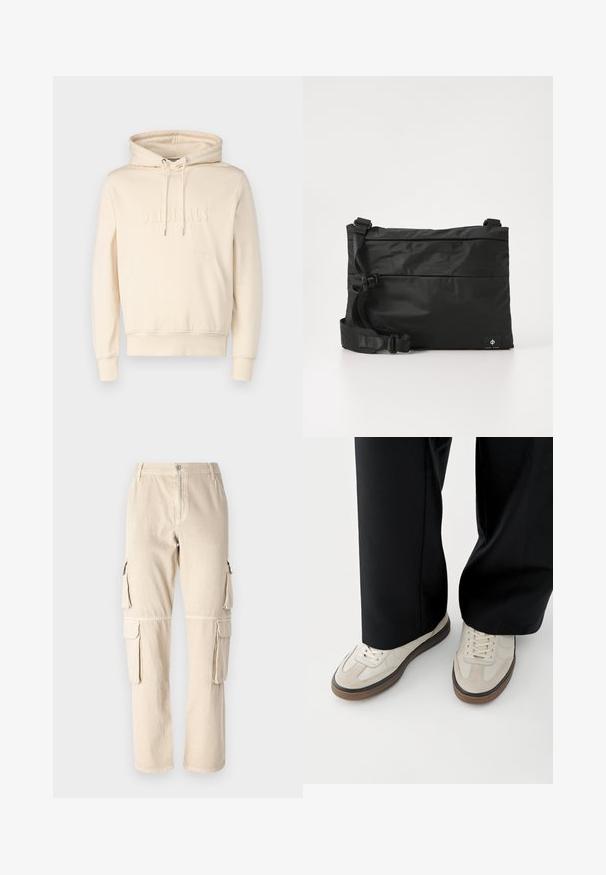 Cremefarbene Kapuzenjacke mit Kordeln, Fronttasche und geprägtem "ORIGINALS"-Text. Weicher Stoff mit lockerer Passform. Gerippte Bündchen und Saum.; Beige Cargo-Hosen aus Baumwolle. Sie verfügen über Seitentaschen, ein gerades Bein-Design und einen Knopfverschluss am Bund. Schlichte Steppdetails.; Füße mit beigen Sneakers mit braunen Sohlen und schwarzen Hosen mit weitem Bein auf weißem Hintergrund.; Schwarze Nylon-Umhängetasche mit verstellbarem Riemen, flachem Design und seitlichem Etikett mit Logo. Glatte Textur und minimalistischer Stil.