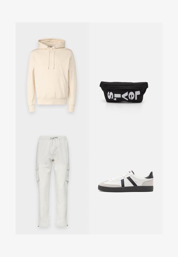 Cremefarbene Kapuzenjacke mit Kordeln, Fronttasche und geprägtem "ORIGINALS"-Text. Weicher Stoff mit lockerer Passform. Gerippte Bündchen und Saum.; Helle beige Cargo-Hosen aus Baumwolle mit einem elastischen Bund und Kordelzug, ausgestattet mit Seitentaschen und Reißverschlüssen an den Knöcheln.; Weiße Sneaker mit schwarz- und grau-aczenten, ausgestattet mit einer strukturierten grauen Zehenkappe, schwarzer Gummi-Sohle und flachen weißen Schnürsenkeln. Sauberes Design, minimalistische Stil.; Schwarze Stofftasche mit flacher Form, mit fettgedrucktem weißen Text. Der Reißverschluss befindet sich oben, mit einer Schlaufe an einer Seite.
