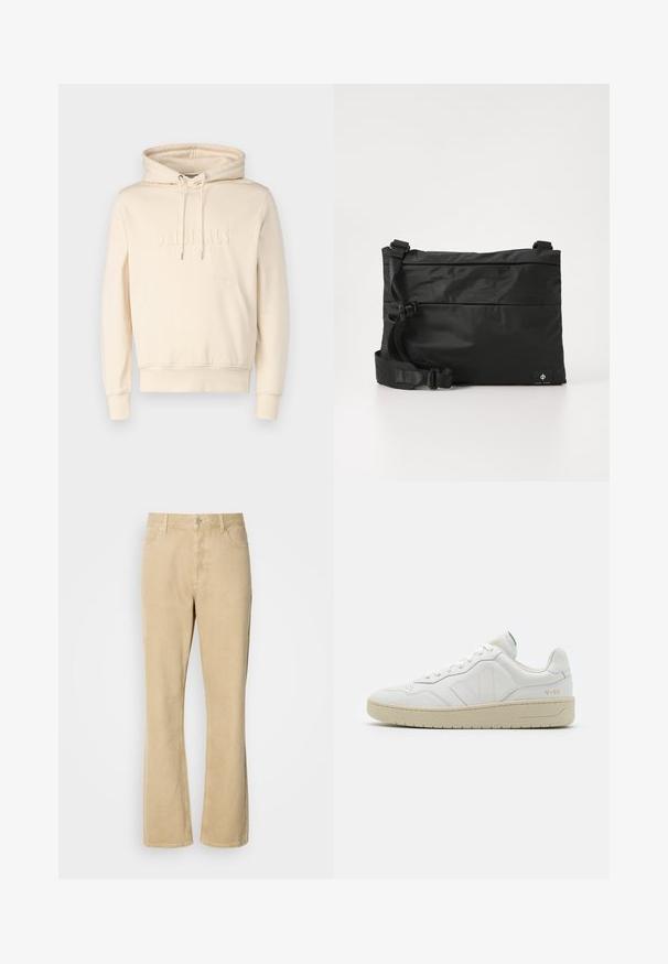 Cremefarbene Kapuzenjacke mit Kordeln, Fronttasche und geprägtem "ORIGINALS"-Text. Weicher Stoff mit lockerer Passform. Gerippte Bündchen und Saum.; Beige Cordleisten-Hosen mit ausgestelltem Bein, Knopf- und Reißverschluss, ausgestattet mit fünf Taschen und sichtbaren Nähten entlang der Beine. Glatte Textur.; Weiße Leder-Sneaker mit strukturierter Oberfläche und gepolstertem Kragen. Sie verfügen über eine beigen Gummisohle und dezente Markenkennzeichnung an der Ferse und an der Seite.; Schwarze Nylon-Umhängetasche mit verstellbarem Riemen, flachem Design und seitlichem Etikett mit Logo. Glatte Textur und minimalistischer Stil.