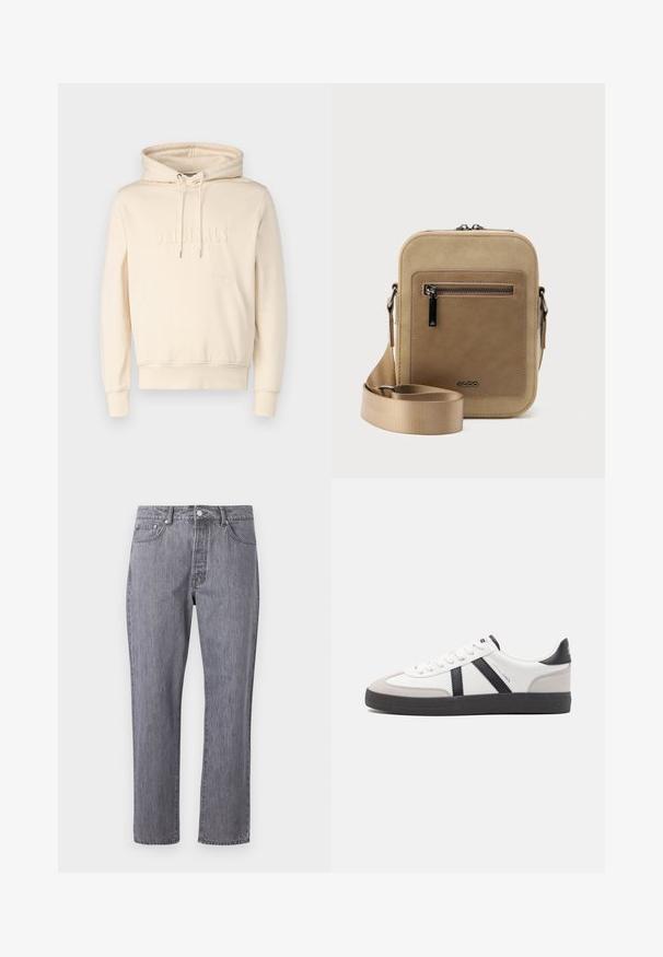 Crème kleurige hoodie met trekkoorden, voorzak en geemboste tekst "ORIGINALS". Zachte stof met een losse pasvorm. Ribgebreide boorden en zoom.; Grijze denim jeans met een rechtlopende pasvorm, vijf zakken, een knoopsluiting en een subtiele slijtage-effect op de stof.; Witte sneaker met zwarte en grijze accenten, voorzien van een grijze neus met textuur, zwarte rubberen zool en platte witte veters. Schoon ontwerp, minimalistische stijl.; Kleine beige crossbodytas met een voorvak met ritssluiting, metalen ALDO-logo, verstelbare brede band en afgeronde rechthoekige vorm op een witte achtergrond.