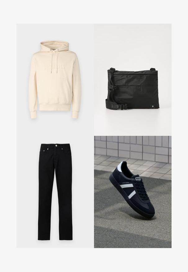 Crème kleurige hoodie met trekkoorden, voorzak en geemboste tekst "ORIGINALS". Zachte stof met een losse pasvorm. Ribgebreide boorden en zoom.; Zwarte recht gesneden spijkerbroek met knoopsluiting aan de voorkant, ritssluiting, riemlussen en vijf zakken op een lichtgrijze achtergrond.; Zwarte leren sneaker met witte strepen, een gestructureerde rubberen zool en vetersluiting aan de voorkant. Voorzien van een merklabel op de tong.; Zwarte nylon boodschappentas met verstelbare riem, plat ontwerp en een zijlabel met een logo. Soepele textuur en minimalistische stijl.