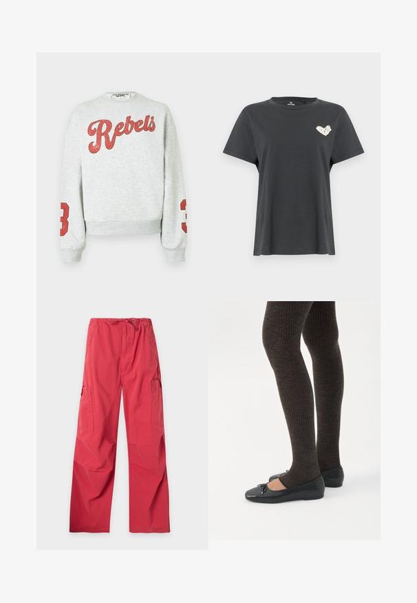 Grå sweatshirt med "Rebels" i rødt på forsiden og et rødt "3" på hver ærme. Lavet af blødt stof med et afslappet design.; Sort kortærmet T-shirt med rund hals og lille hvidt hjerteformet motiv på venstre bryst.; Røde løstsiddende cargobukser med snøre i taljen og sidelommer, vist på en hvid baggrund.; Ben iført mørke ribbede leggings kombineret med sorte balletsko med små sløjfedetaljer på hvid baggrund.