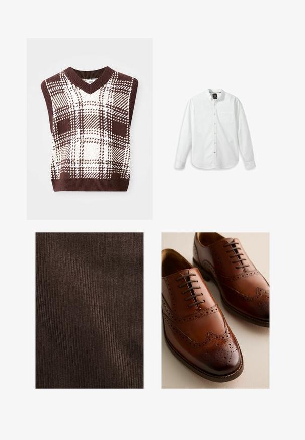 Suéter de punto sin mangas a cuadros en marrón y crema con diseño de escote en V y dobladillo acanalado, que presenta varios patrones y texturas de cuadros.; Camisa blanca de manga larga con botones, hecha de algodón, con cuello clásico, un solo bolsillo en el pecho y una textura sutil en la tela. Dobladillo redondeado.; Tejido de pana marrón con costillas verticales, textura suave y un color profundo y rico, adecuado para tapicería o ropa.; Zapatos Oxford de cuero marrón pulido con detalles de picado y cordones cerrados sobre una superficie clara, mostrados en vistas frontal y lateral.