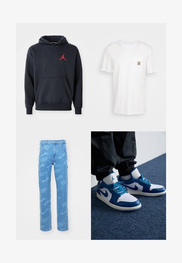 Marineblå hoodie lavet af blødt stof, med en kengurulomme og et rødt Jumpman-logo på brystet. Klassisk design med hætte og snoretræk.; Hvid bomulds T-shirt med korte ærmer, en brystlomme, og et lille firkantet logo patch i orange og hvid på lommen.; Lyseblå denim jeans med et heltrykt mønster med teksten "Stan Ray" og flasketyper. Lige ben-design, fem lommer og knaplukning.; Nike Air Jordan sneakers har en hvid læderbase med blå syntetiske detaljer, en perforeret tåboks og blå snørebånd.